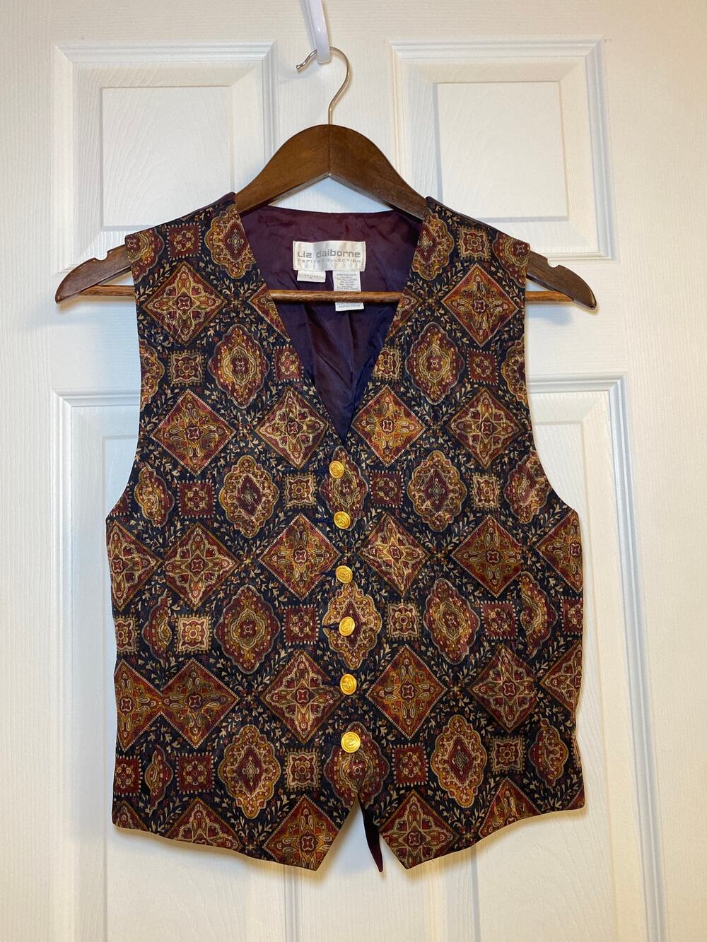 Vintage Liz Claiborne Tapestry Vest Womens Petite 6 Ornate Paisley Brocade Crest